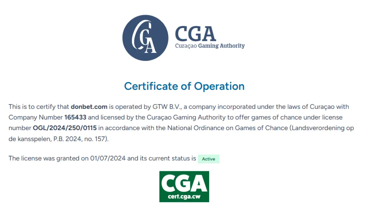 Curaçao Gaming Authority certificate for donbet.com