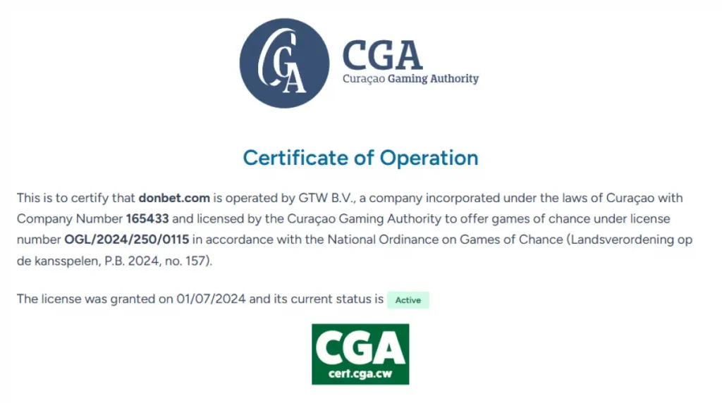 Curaçao Gaming Authority certificate for Donbet or public UKGC register evidence