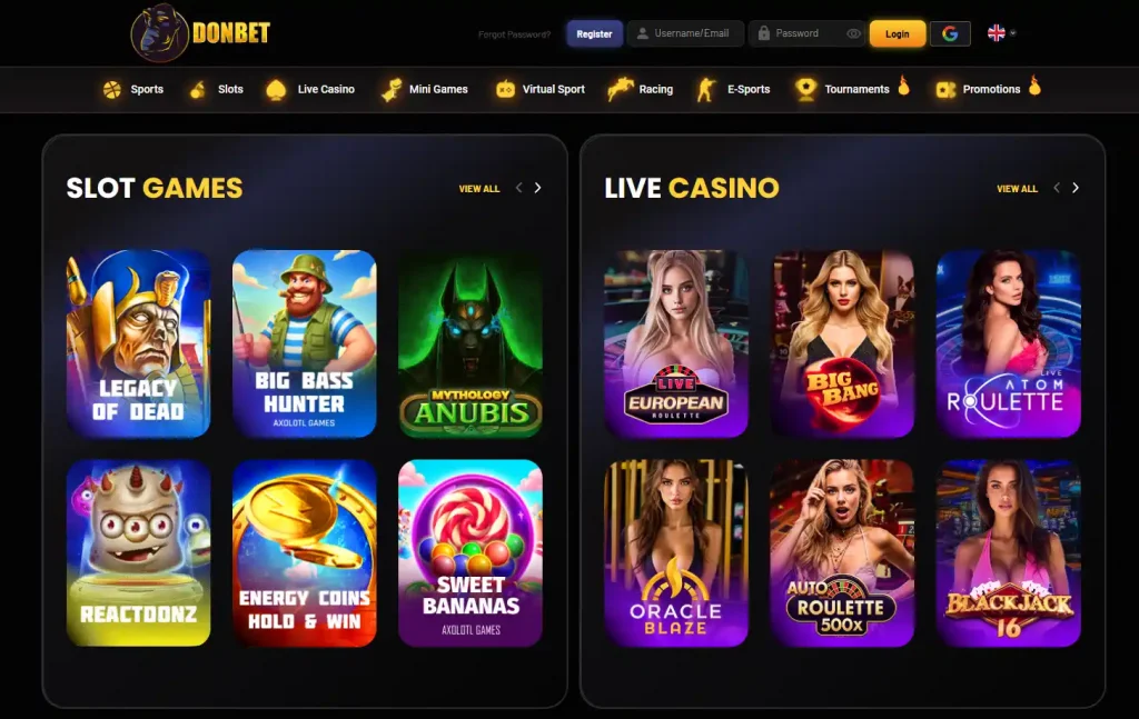 Current Donbet casino lobby showing game categories and provider navigation