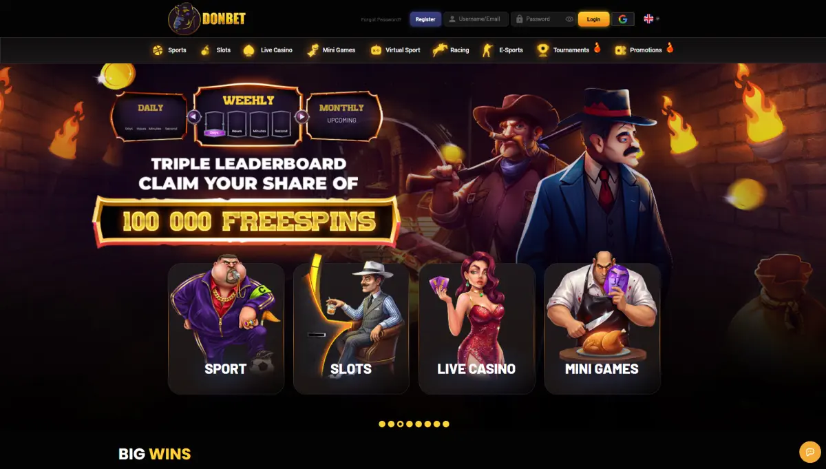 Current Donbet home and casino lobby interface
