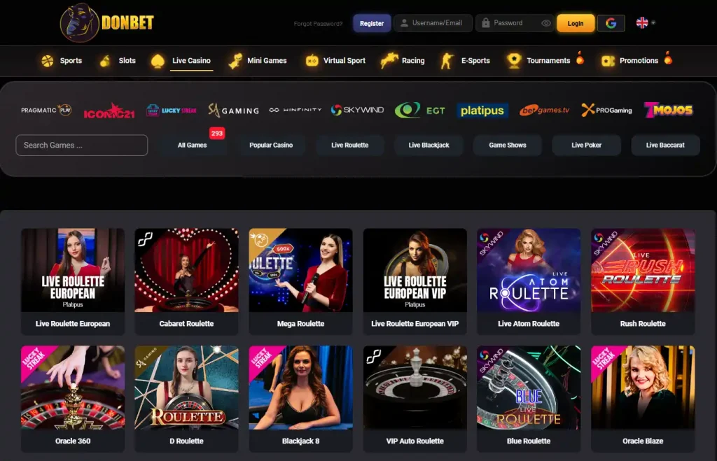 Current Donbet live casino lobby with live dealer game categories