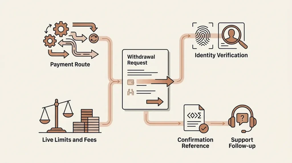 Illustration of a withdrawal readiness checklist covering payment route, verification, limits, confirmation and support
