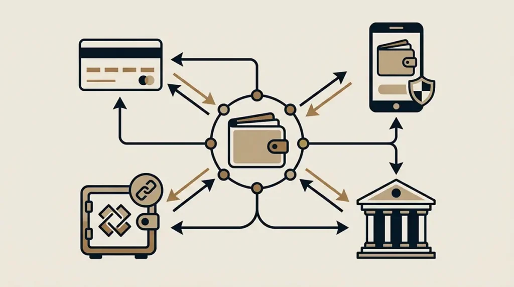 Illustration of GBP payment routes including cards, e-wallets, bank transfer and cryptocurrency